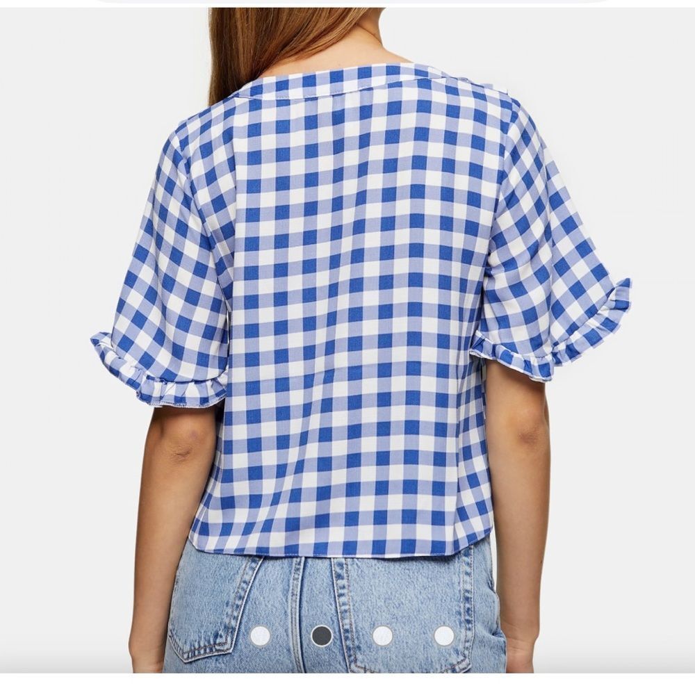 Topshop Blue Checkered Ruffle Blouse size 4 - Picture 2 of 7